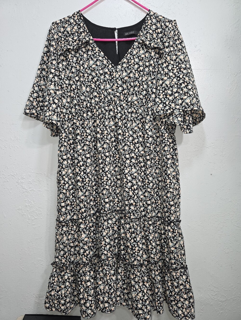 Mikarose Black Floral Ruffle-Trim Dress with Peach and White Blossoms